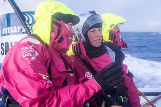 Oboard Team SCA - Annie Lush and Abby Ehler discussing the low-down during watch change - Volvo Ocean Race 2015 © Anna-Lena Elled/Team SCA